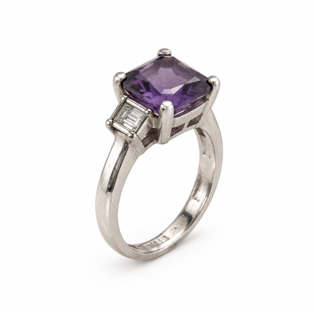 Sterling Silver 925 Emerald-Cut Faux Amethyst & Baguette Ring